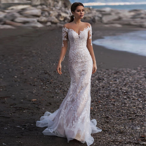 Sexy Scoop Long Sleeves Mermaid Wedding Dresses Bridal Gown